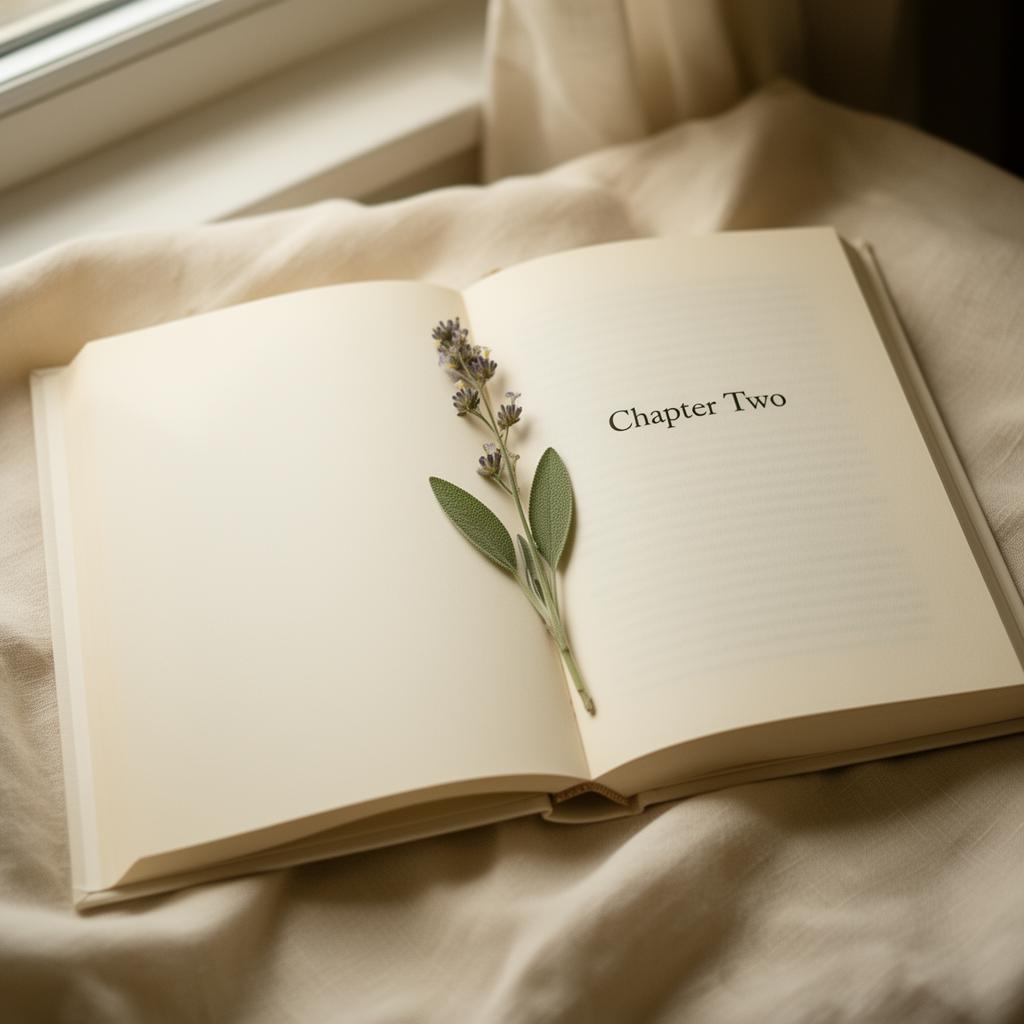 An open book at the start of a new chapter, with a sage leaf resting on the page