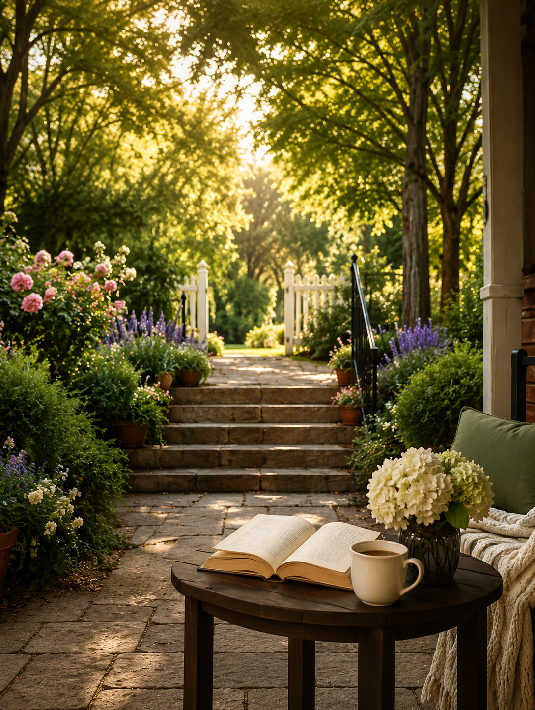 Sunlit garden pathway with stone steps, blooming hydrangeas, and a welcoming porch with an open book and coffee